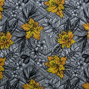 Yellow colored All Over Tropical Flowers & Leaves Polyester Fabric