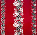 Red Hibiscus Tropical Leaves w/ Patches of Traditional Tapa Double Border Polyester Fabric