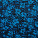 Blue colored Hibiscus on Traditional Tapa design Polyester Fabric