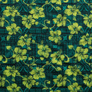 Green colored Hibiscus on Traditional Tapa design Polyester Fabric