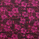 Pink colored Hibiscus on Traditional Tapa design Polyester Fabric
