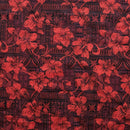 Red colored Hibiscus on Traditional Tapa design Polyester Fabric