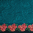 Teal colored Traditional Polynesian Tattoo Rose Polka Dot Border Peachskin Fabric